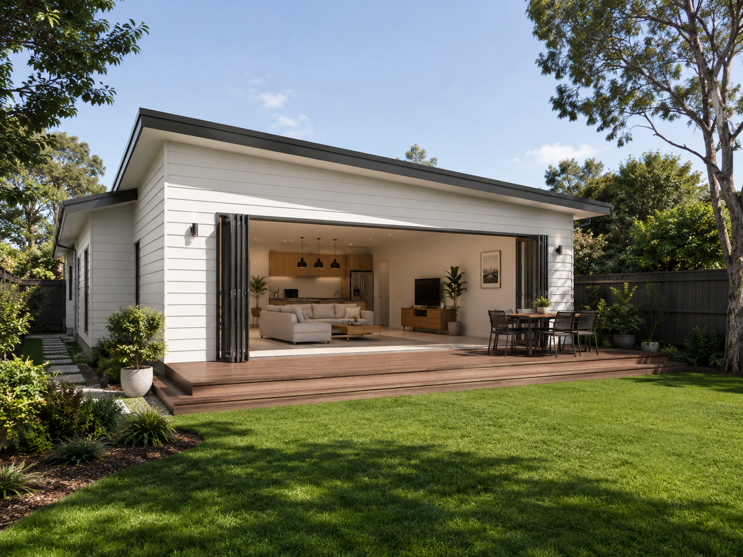 Granny flat with bifold doors opening to a timber deck, Perth